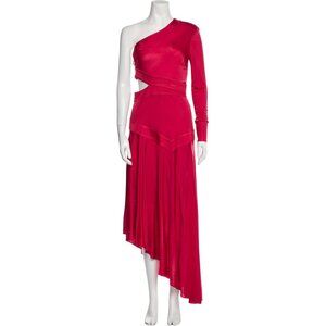 One-Shoulder Red Maxi Dress With Cut-Out Waist & Long Sleeve Sz M